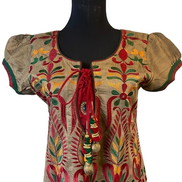 Beautiful Embroidered Tan Kurta With Red, Yellow and Green Embroidery - Picture 5 of 16